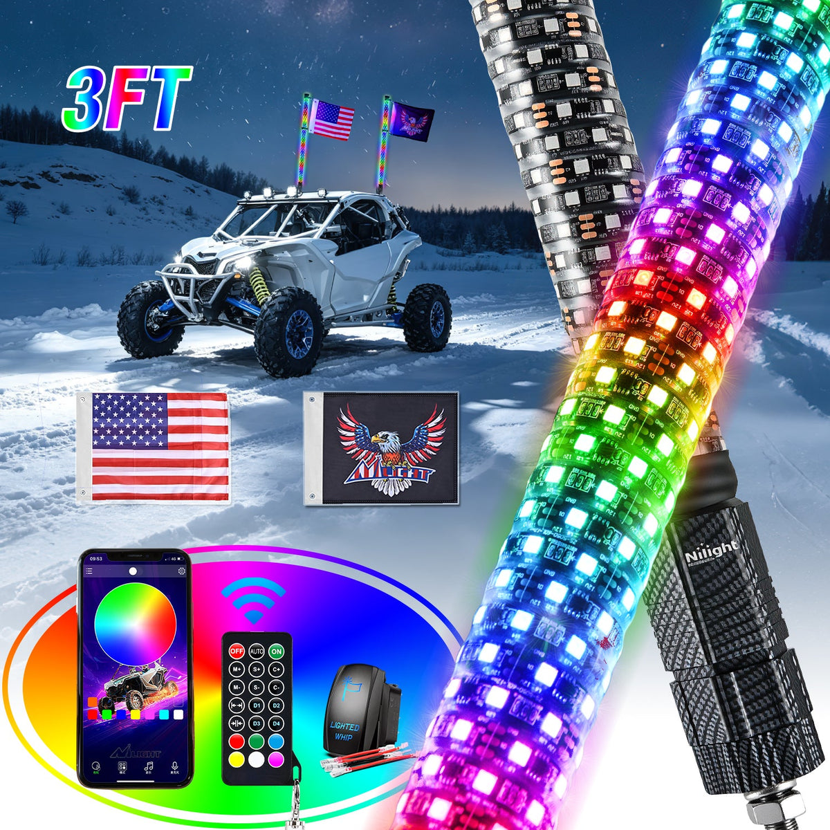 Nilight Whip-513 — LED Fat Whip Light 2PCS 3FT RGB Lighted Antenna Whips with Remote & App Control DIY Chasing Patterns Brake Reverse Turn Lights