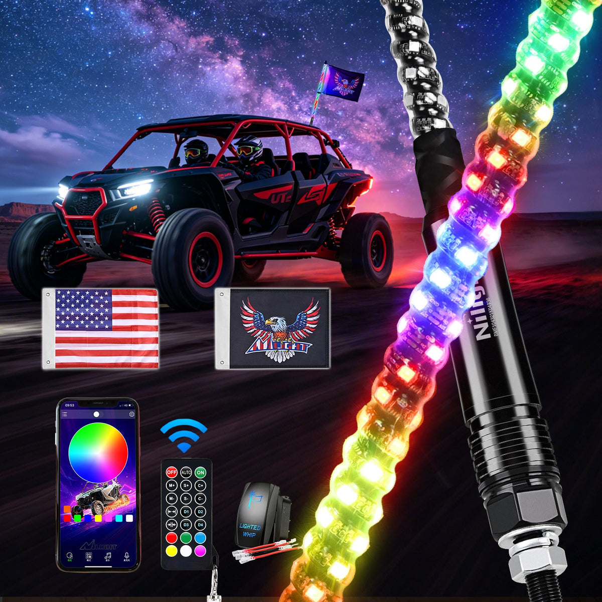 Nilight Whip-515 — RGB Whip Light 1PC 3FT Lighted Antenna Whips with Remote & App Control DIY Chasing Patterns Brake Reverse Lights