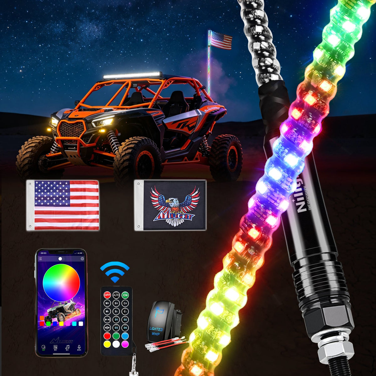 Nilight Whip-517 — RGB Whip Light 1PC 5FT Lighted Antenna Whips with Remote & App Control DIY Chasing Patterns Brake Reverse Lights