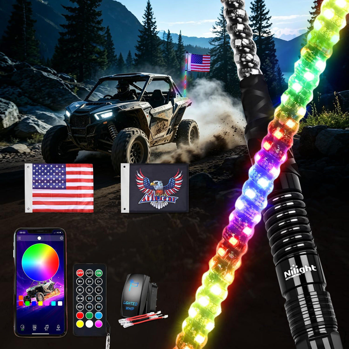 Nilight 4-Foot RGB LED Whip Light with App Control and Spring Base