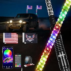 LED Whip Light 1PC 5FT Spiral RGB Antenna Whips with Spring Base, App/Remote Control DIY Chasing Patterns Brake & Reverse Lights