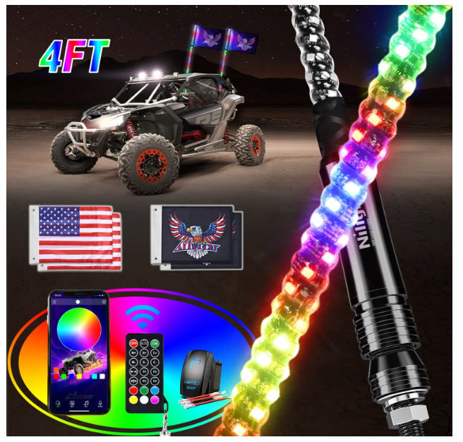 2PCS 3FT RGB LED Whip Light, Remote & App Control w/ DIY Chasing Patterns Stop Turn Reverse Light Safety Antenna Lighted Whips for ATV UTV Polaris RZR Can-am Dune Buggy Jeep