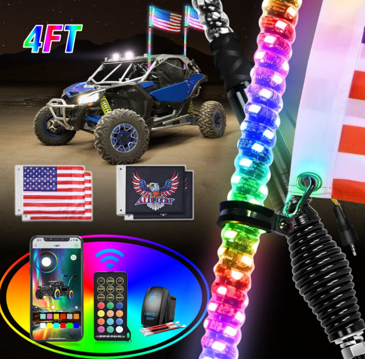 2PCS 3FT RGB LED Whip Light with Spring Base Remote & App Control w/ Chasing Patterns Turn Signal & Brake Lights for ATV UTV Polaris RZR Can-am Dune Buggy Jeep
