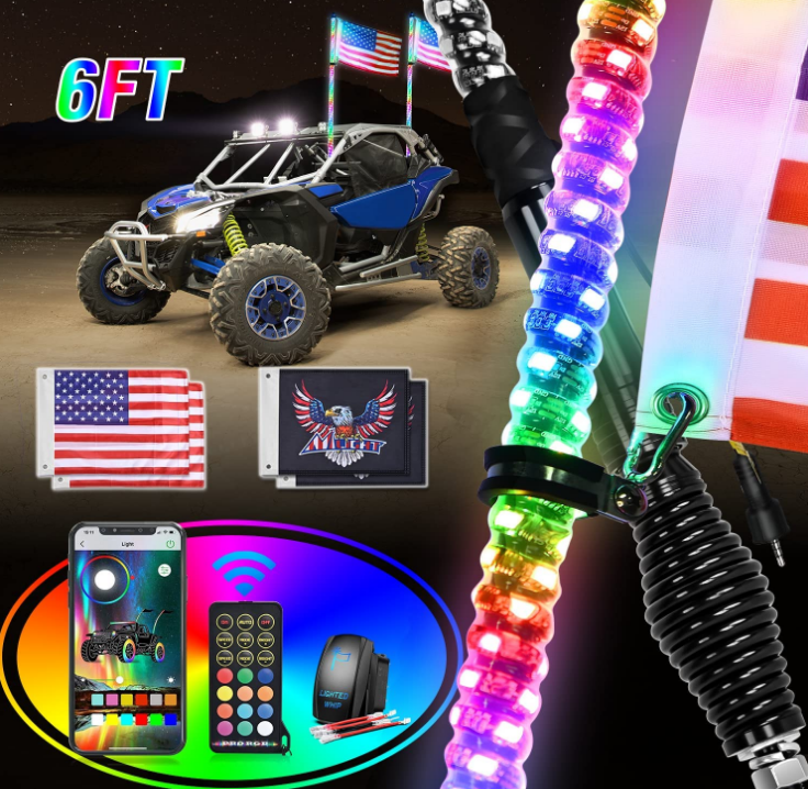 2PCS 5FT RGB LED Whip Light with Spring Base Remote & App Control w/ Chasing Patterns Turn Signal & Brake Lights for ATV UTV Polaris RZR Can-am Dune Buggy Jeep