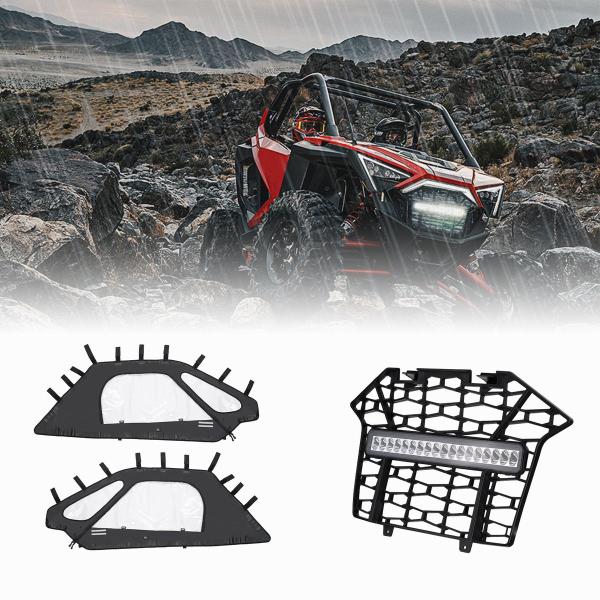 Soft Upper Doors & Front Mesh Grill with LED Light Bar for RZR Pro XP