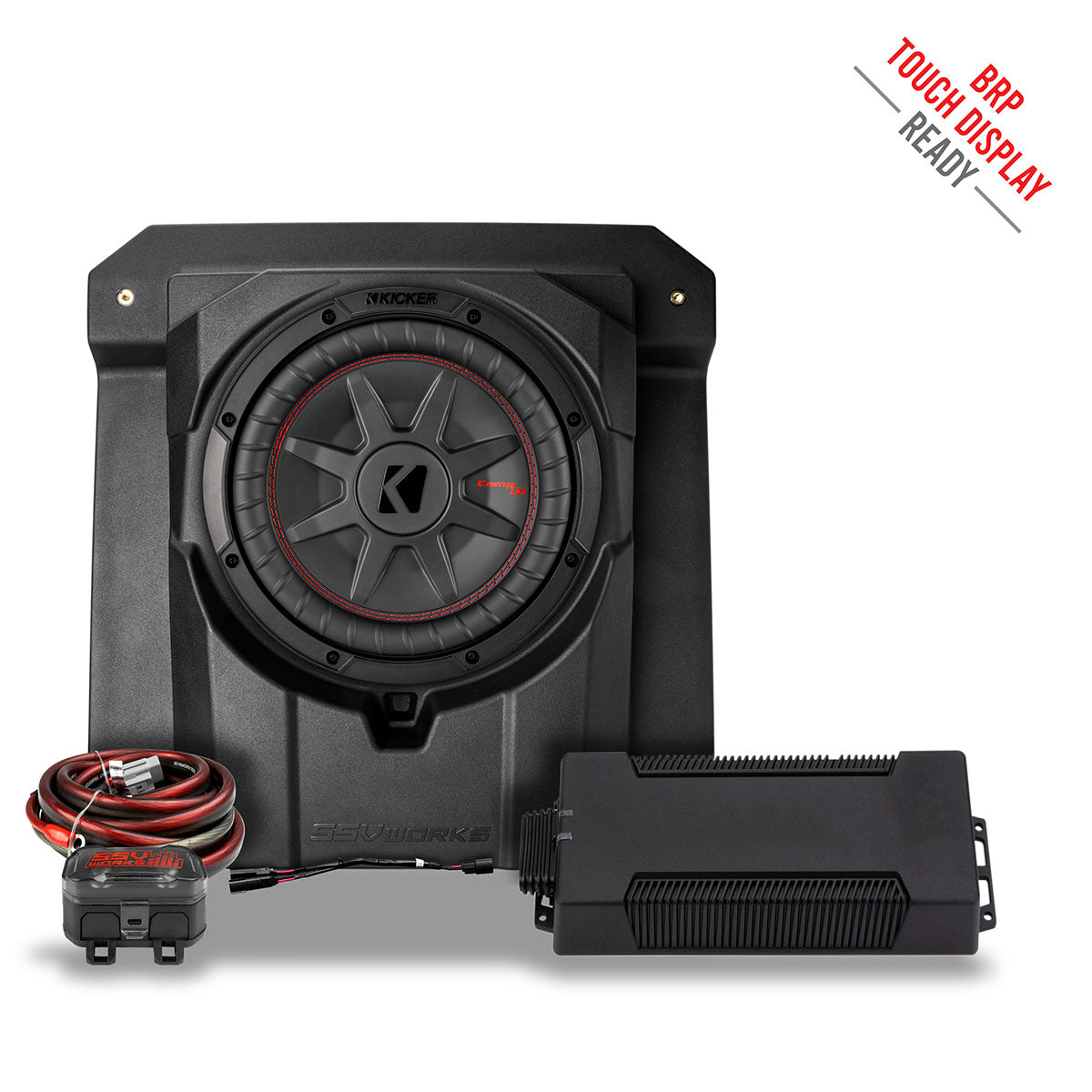 SSV Works Can-Am Maverick R front under-seat 850-watt subwoofer add-on for factory JL system