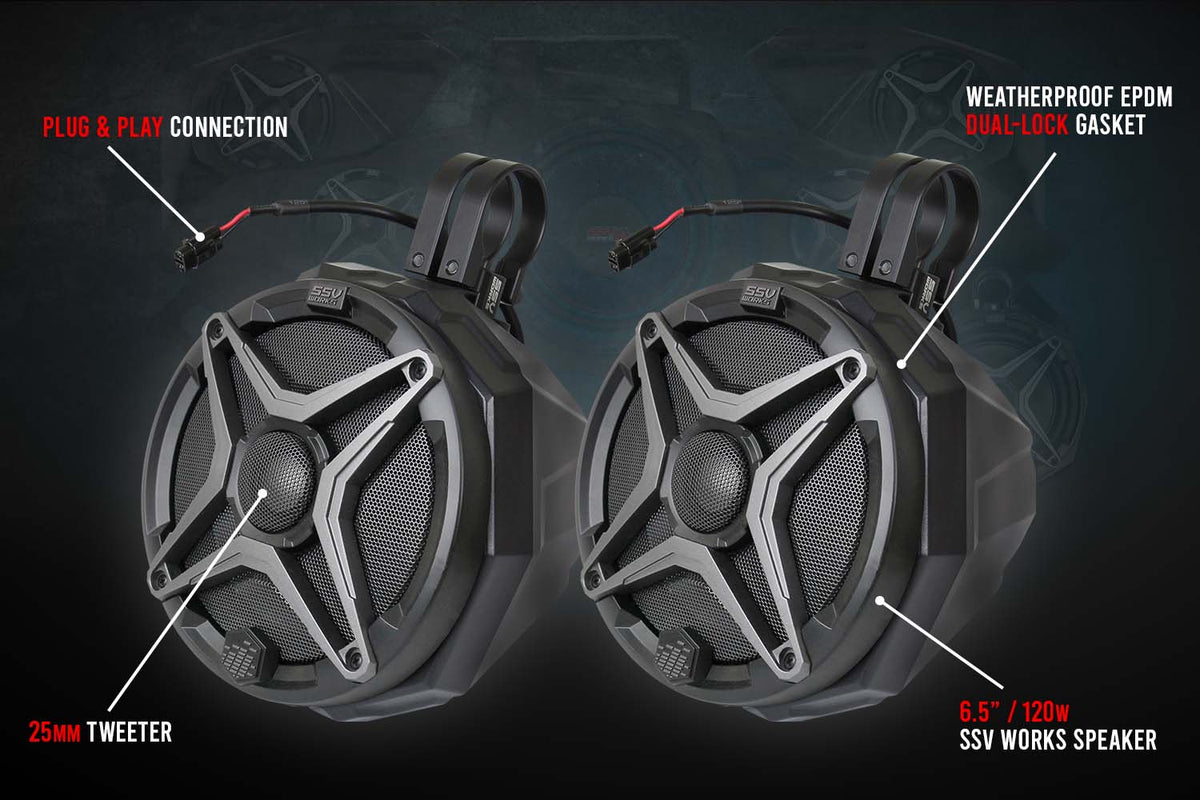 SSV Works Can-Am Defender 6.5-inch cage-mounted speaker pods with SSV A-Spec speakers