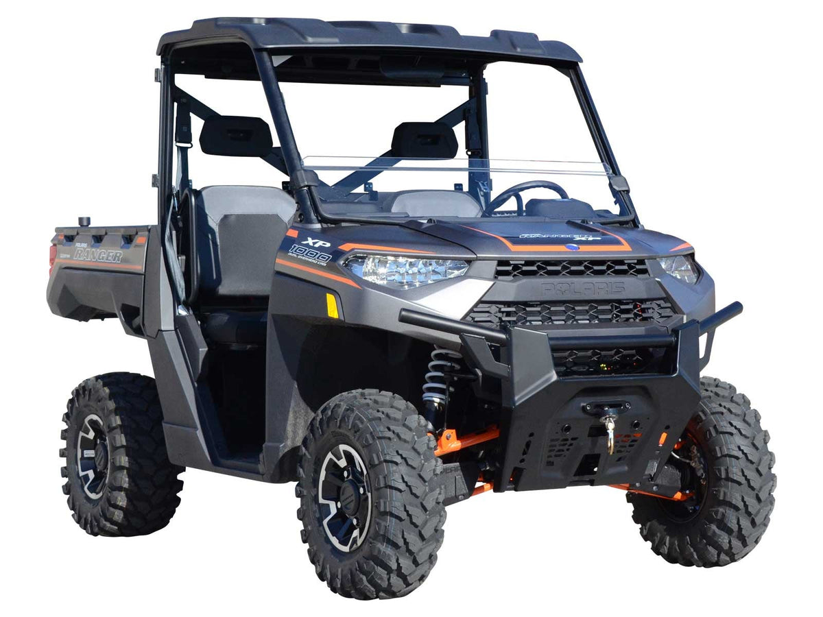 SuperATV clear half windshield installed on a Polaris Ranger 1000